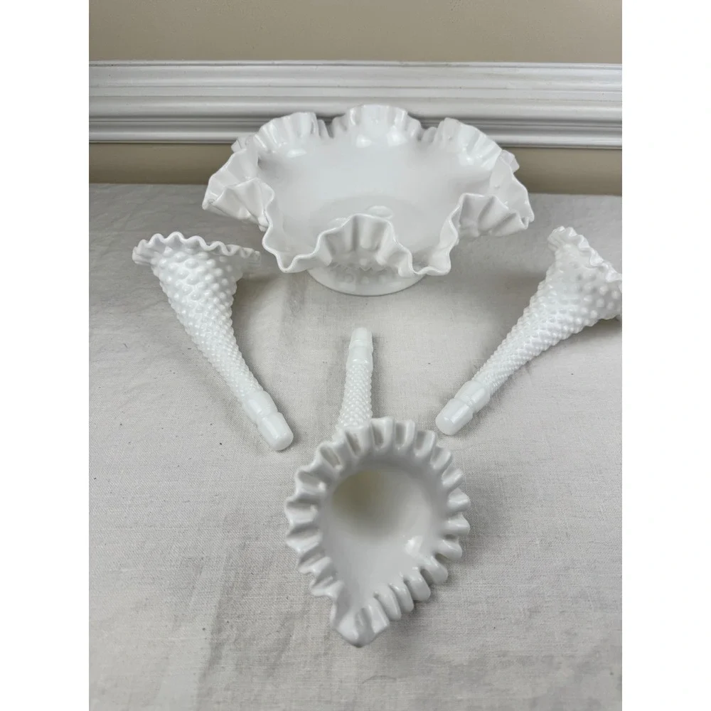 Fenton White Milk Glass Hobnail 3-Horn Epergne Ruffled Centerpiece Vase 4-Piece